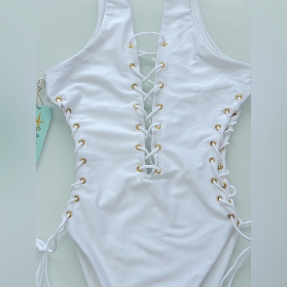 Luli Fama Open side one piece bodysuit color white size Small - Picture 10 of 16